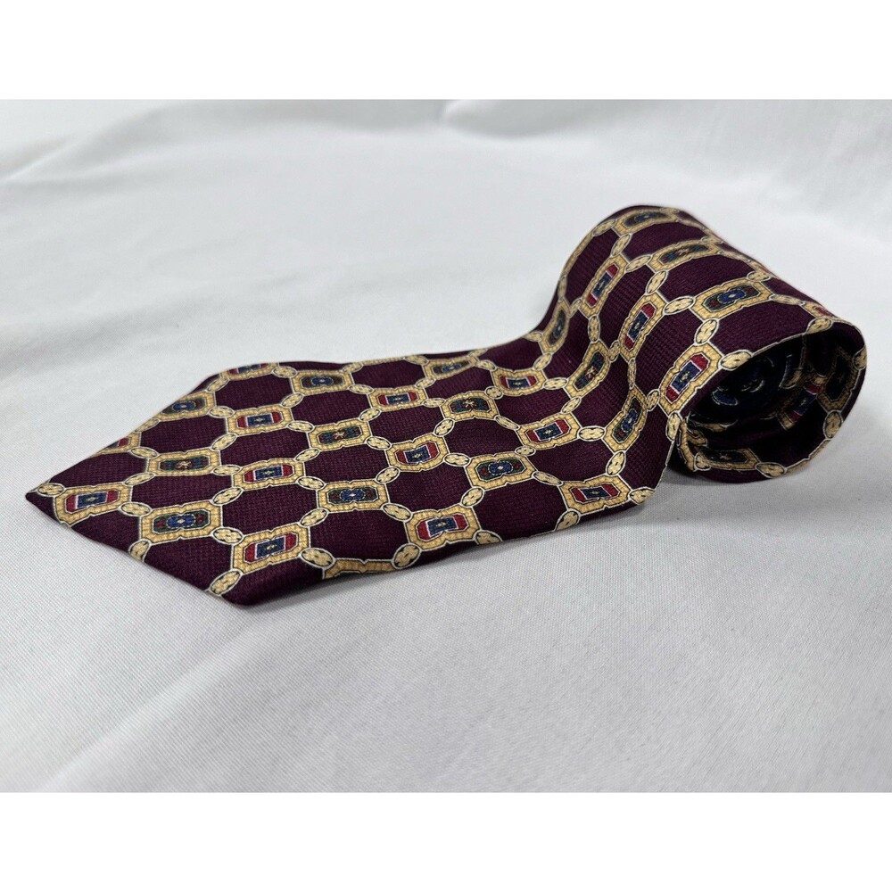 Vintage Tommy Hilfiger Silk Tie Burgundy Geometric Medallion Chain Link Silk